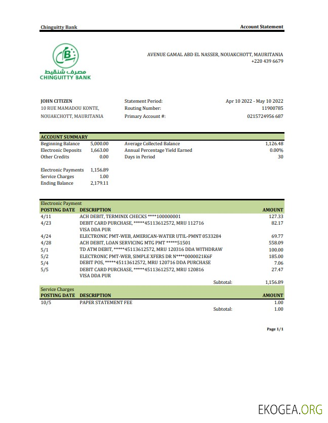 Relevé de la Banque Chinguitty de Mauritanie